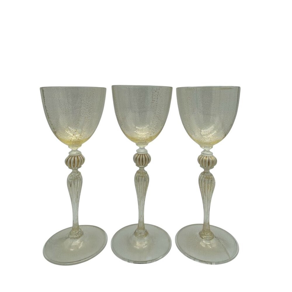 Venetian Vintage Clear Gold Flecked Hand Blown Goblets Set of Three